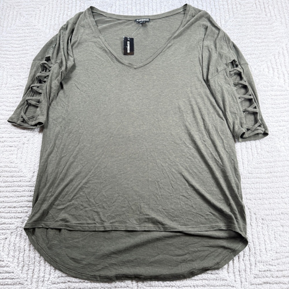 Express Lattice Sleeve Top Womens Medium Green Edgy Utility Gorpcore Boho NWT